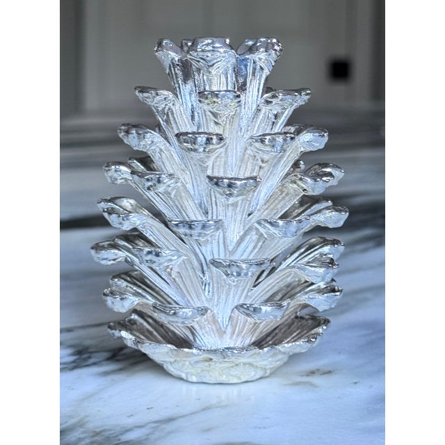 Traditional Vintage Godinger Silver Plated Pinecone Motif Taper Candle Holder For Sale - Image 3 of 11