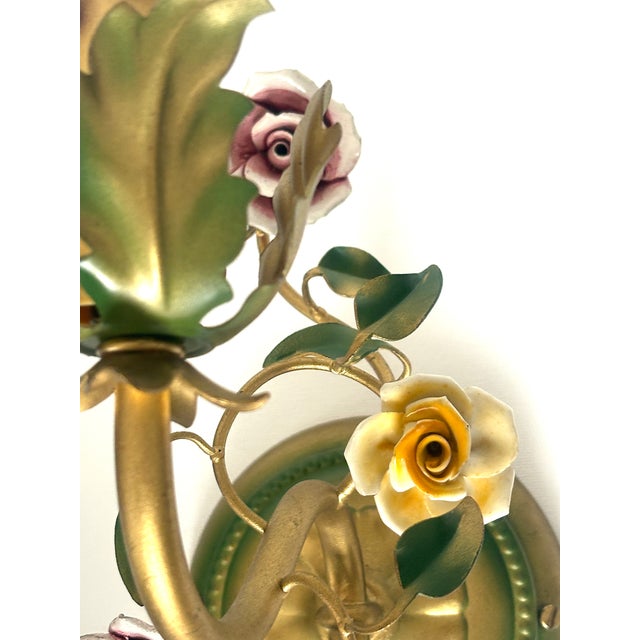 Vintage Italian Metal and Porcelain Rose Wall Lamps from Unbekannt, 1950s, Set of 2 For Sale - Image 4 of 9