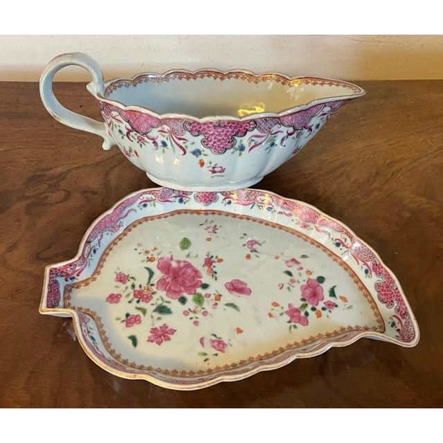 Antique 18th Century Chinese Famille Rose Porcelain Sauce or Gravy Boat & Tobacco Leaf Under Dish For Sale - Image 12 of 12