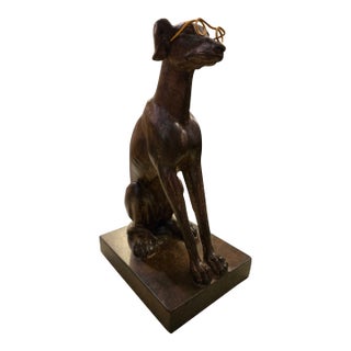 1980s Heavy Bronze Finish Greyhound Statue on a Base With Wire Glasses For Sale