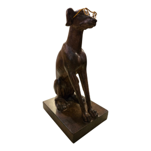 1980s Heavy Bronze Finish Greyhound Statue on a Base With Wire Glasses
