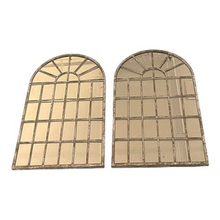 Pair of Vintage Architectural Arched Iron Windowpane Mirrors in Whitewashed Gray For Sale