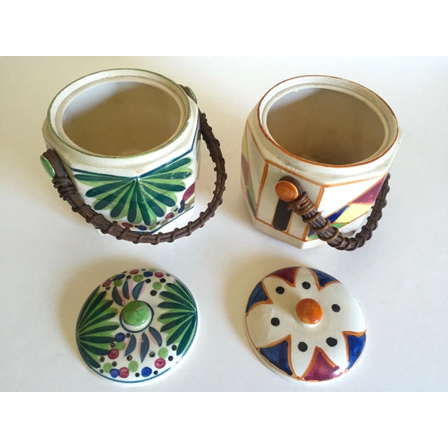 Ceramic Vintage 1930's Art Deco Japan Hand Painted Porcelain Handled Ceramic Biscuit Barrel Jars - Set of 2 For Sale - Image 7 of 13