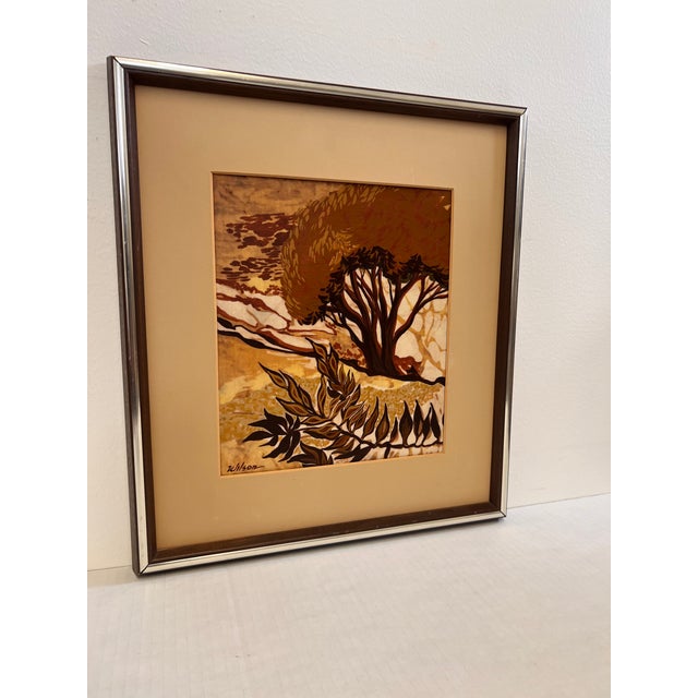 1970s Vintage Mid Century Modern Batik Style Abstract Framed Painting Landscape For Sale - Image 4 of 9