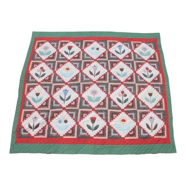 MidCentury Handmade Floral Log Cabin Applique Quilt Chairish