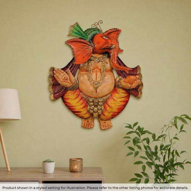 Vintage Large Ganesha Metal Wall Art | 36" Hand Painted Ganpati Sculpture | Indian Spiritual Home Decor For Sale In Houston - Image 6 of 6
