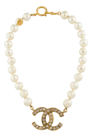 70s Chanel Necklace Pearl Strass Crystal Gold Plated Double C CC Logo Pendant Collar Collier