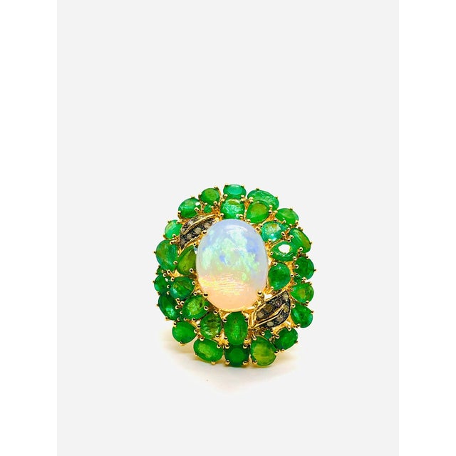 Art Deco Bochic “Orient” Vintage Diamond, Emeralds & Fire Opal Ring Set In 18K Gold & Sil For Sale - Image 3 of 15