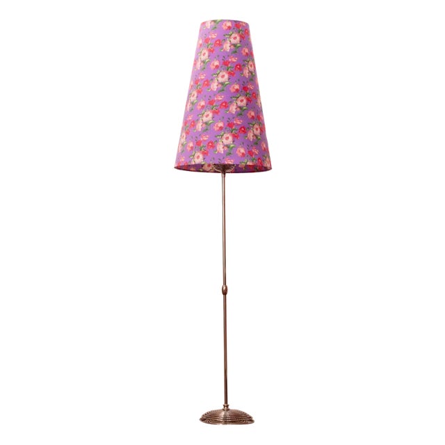 Vintage Chrome Floor Lamp with Handmade Purple Floral Decorated Shade, Italy For Sale