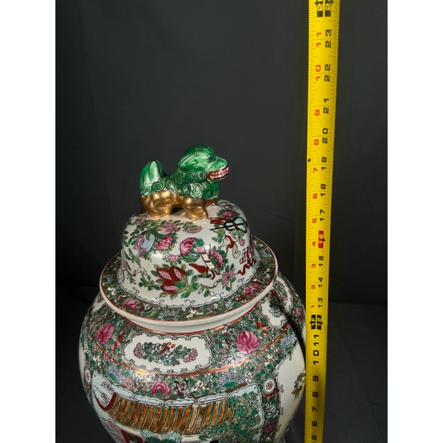 Green Large 20th C. Chinese Rose Medallion Porcelain Covered Urn With Figural Panels & Enamel Decoration For Sale - Image 8 of 8