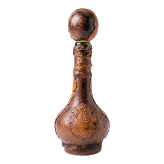 Vintage Mid-Century Italian Leather-Wrapped Decanter With Fleur-De-Lis Crest For Sale