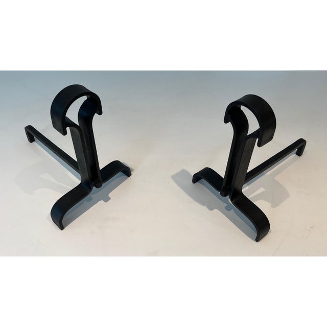 Modernist Wrought Iron Andirons. French Work. Circa 1940 - a Pair For Sale - Image 4 of 12