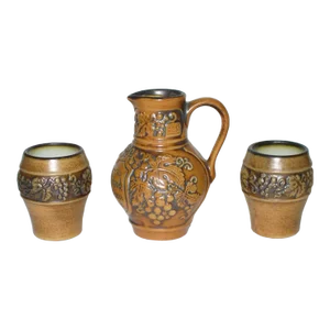 1960s Original Gerzit Small Porcelain Picture and Two Cups, Made in Gerz West Germany- 3 Pieces