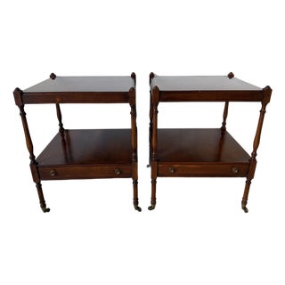 Hekman Regency Style Olive Wood & Mahogany End Tables With Drawer and Casters – A Pair For Sale
