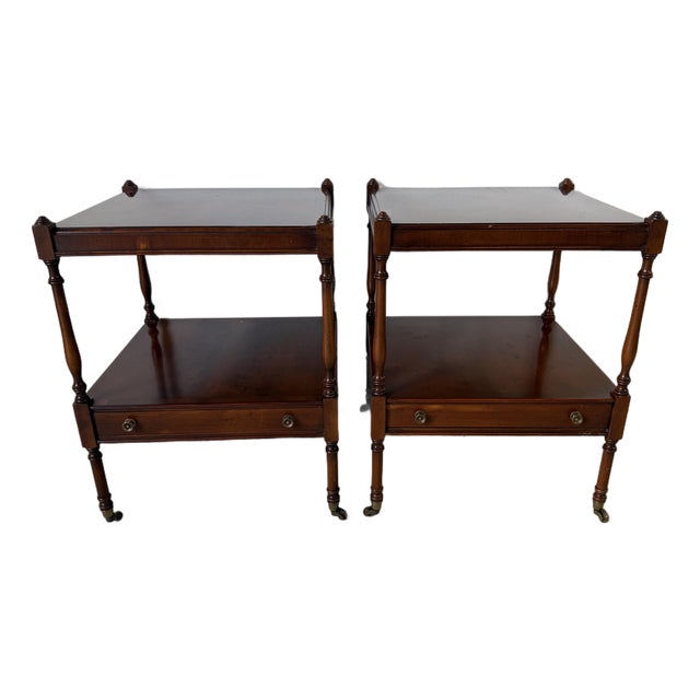 Hekman Regency Style Olive Wood & Mahogany End Tables With Drawer and Casters – A Pair For Sale