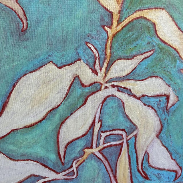 Contemporary Original Botanical Leaf Diptych — Teal & Olive Studies, Oil Sticks on Canvas, 12" X 16" Each, by Tatiana Duperault For Sale - Image 3 of 7