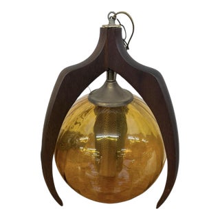 Mid-Century Modern 1960’s Pearsall Style Walnut & Amber Glass Swag Light For Sale