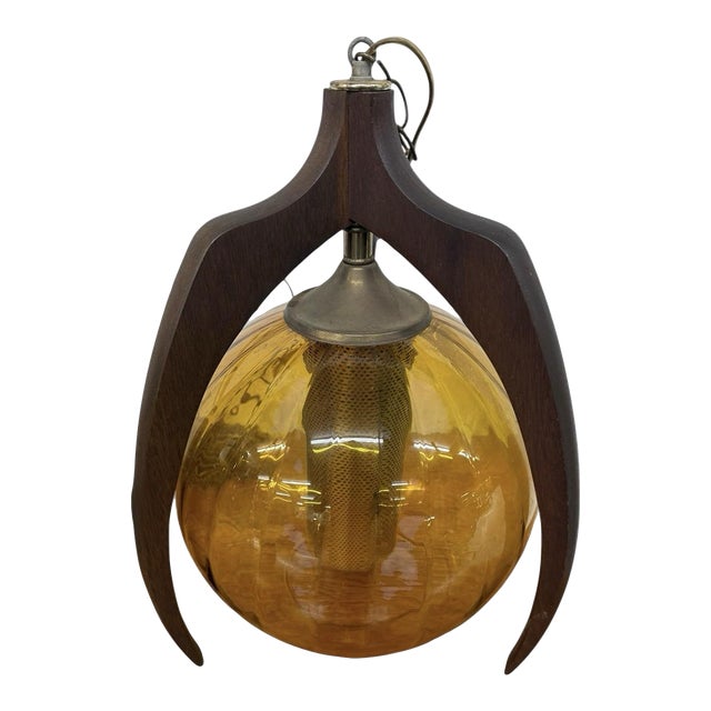 Mid-Century Modern 1960’s Pearsall Style Walnut & Amber Glass Swag Light For Sale