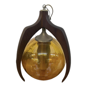 Mid-Century Modern 1960’s Pearsall Style Walnut & Amber Glass Swag Light
