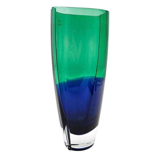 Krosno Polish Art Glass Vase Green Over Blue Cased Modernist Form 11.5" For Sale - Image 4 of 14