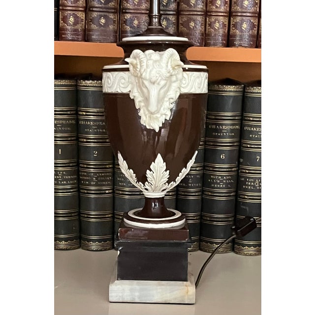 Fine Antique 19th Century Italian Creamware Urn With Goat Mask Handles Mounted as a Table Lamp For Sale - Image 14 of 15