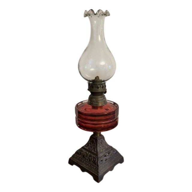 Victorian Cranberry Glass Oil Lamp, 1880s For Sale