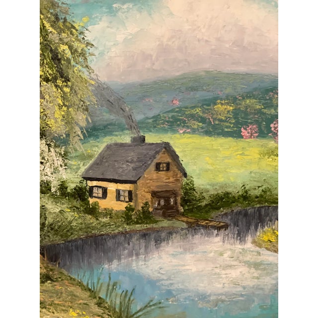 Mid 20th Century Vintage American Impressionist Original Oil Painting Pink Trees Lakeside Cottage Floral Forest For Sale - Image 5 of 9