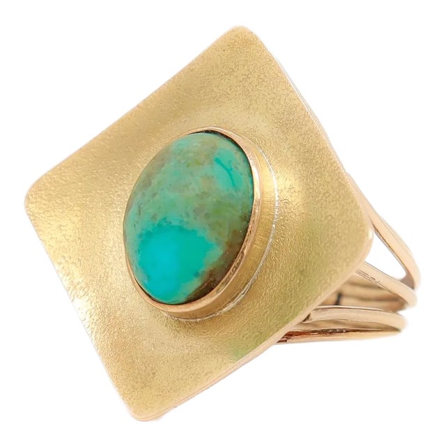 14k Gold & Turquoise Cabochon Mid-Century Modern Cocktail Ring For Sale