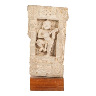 Late 19th Century Indian Tall Carved Sandstone Dancing Hindu Goddess Musician Relief Stele For Sale