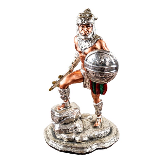 Late 20th Century Martin Mendoza “Leopard Warrior” Monumental Plata Artistica .999 Silver Clad Aztec Warrior Sculpture for D’Argenta For Sale
