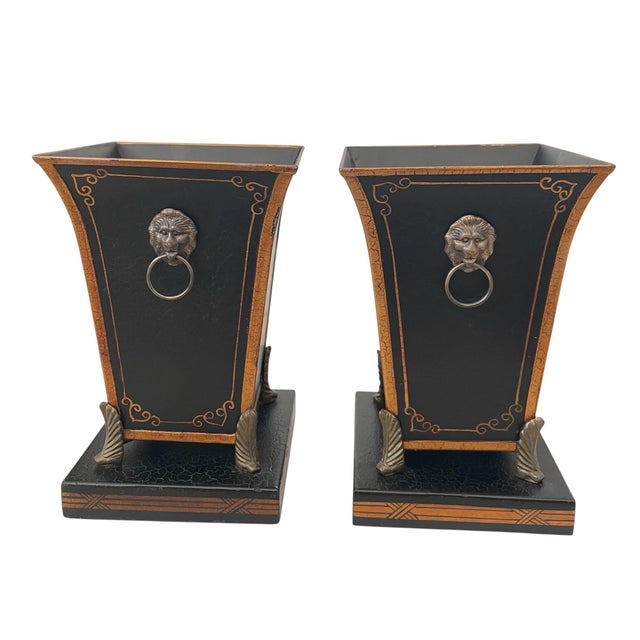These vintage Castilian Imports Regency Tole Cachepot planters feature a stunning animal print pattern with peacocks,...
