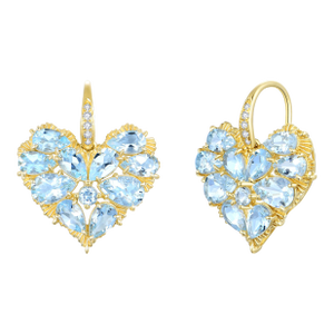 Nina Zhou Fantasy 5.15ctw Heart Aquamarine Diamond Drop Earrings in 14k Yellow Gold, A Pair