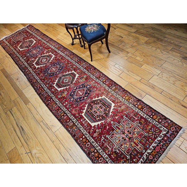 Antique Persian Heriz Karajeh Runner, Hand-Knotted Wool, Geometric Medallion Pattern, Red & Navy, 4x14 For Sale - Image 9 of 18