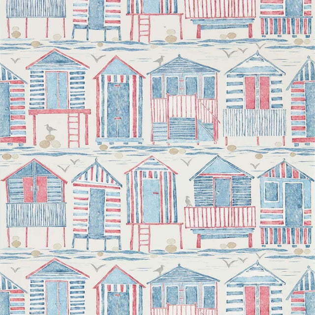 Sanderson Beach Huts Wallpaper in Nautical For Sale