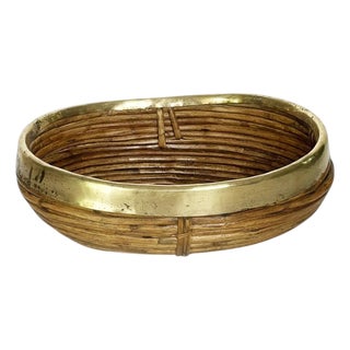French Riviera Rush and Brass Basket, France, 1950s For Sale