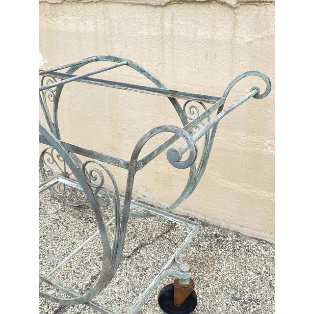 Blue Antique Salterini Mt Vernon Wrought Iron Art Nouveau Patio Serving Bar Tea Cart For Sale - Image 8 of 12