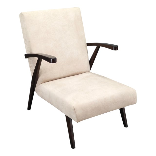 Mid-Century Cream Velvet Lounge Chair, Former Czechoslovakia, 1960s For Sale