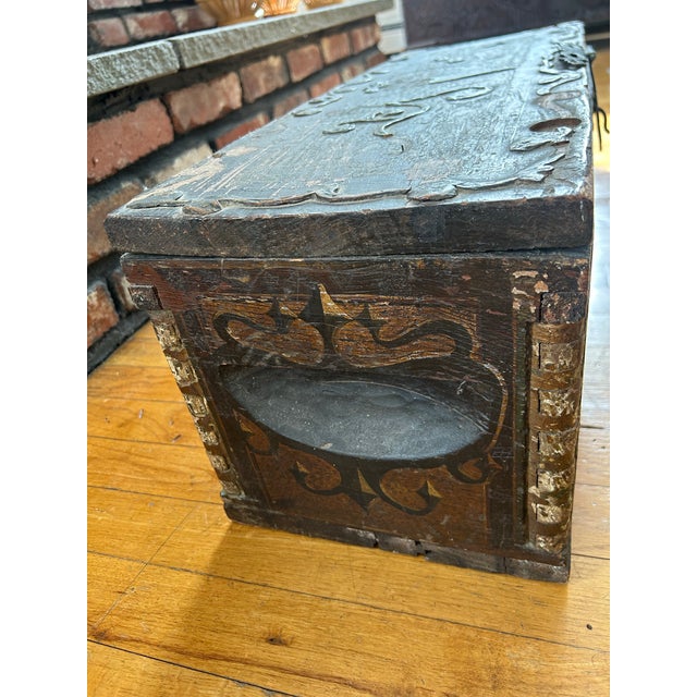 Mid-Century Modern Antique Wooden Hand-Painted Chest Dowry, Marriage Box, Rustic For Sale - Image 3 of 12