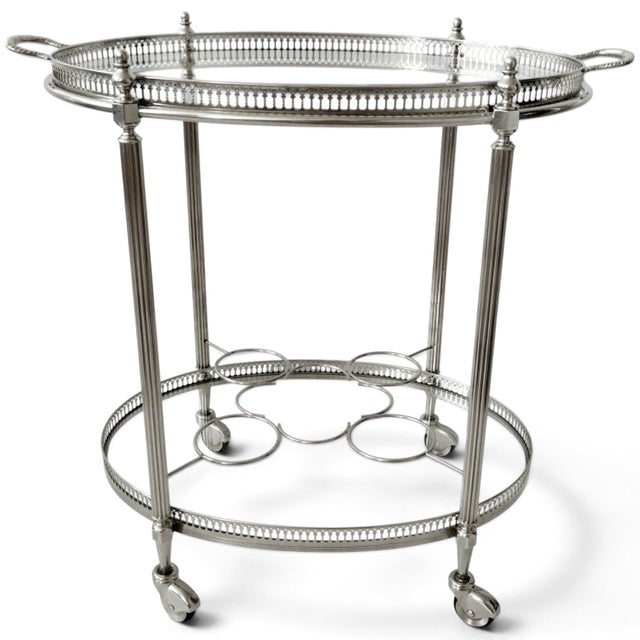 Vintage French Neoclassical Chrome Plated and Brass Drinks Trolley with Serving Tray, 1950s For Sale - Image 4 of 18