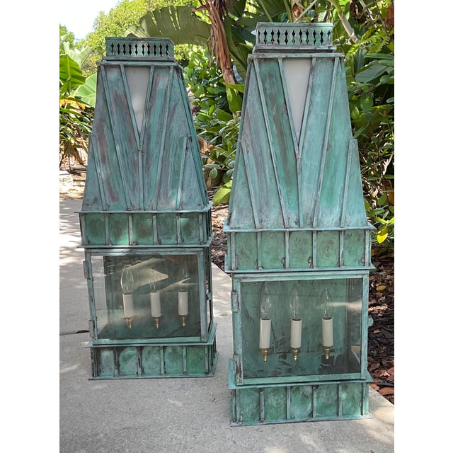 Pair of Monumental Art Deco Style Verdigris Copper & Brass Wall Lanterns For Sale - Image 12 of 16