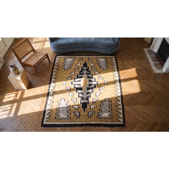 Textile 1930s Yellow Medallion Tribal Antique American Navajo Rug 3' 6"x 5' Flatweave Wool Carpet For Sale - Image 7 of 9