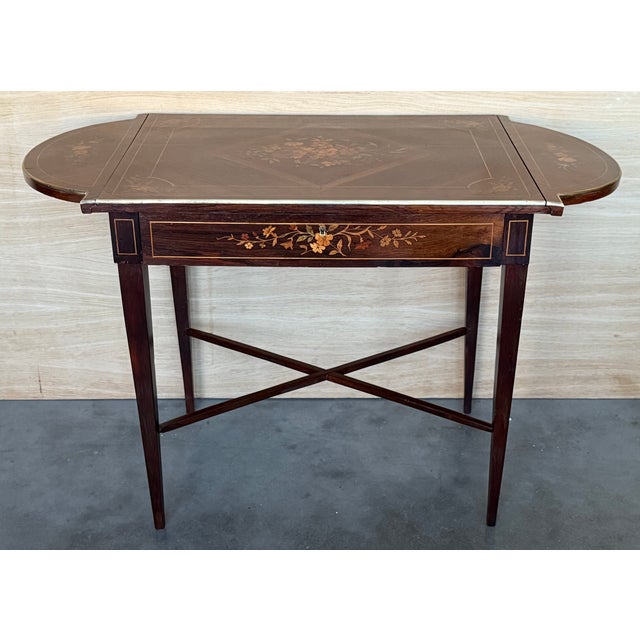 Brown Late 19th Century Italian Classic Walnut Marquetry Desk Writing Table With Two Leafs For Sale - Image 8 of 12