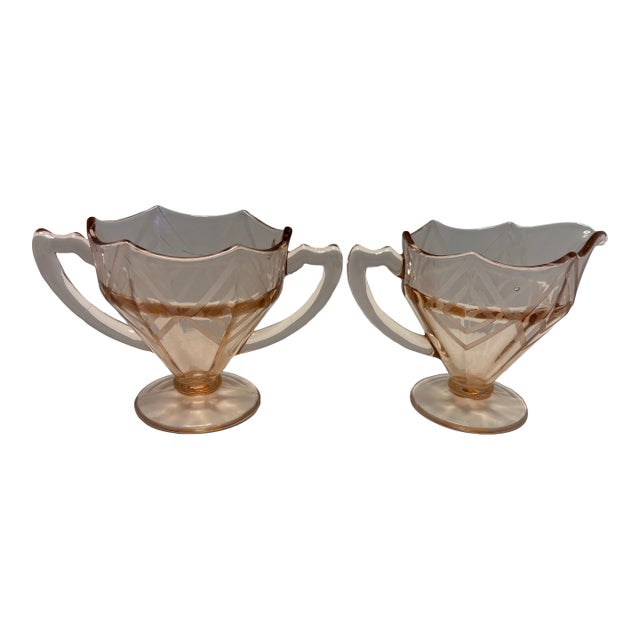 Art Deco Pink Etched Glass Cream and Sugar Set, Cambridge Style, C. 1930s - a Pair For Sale