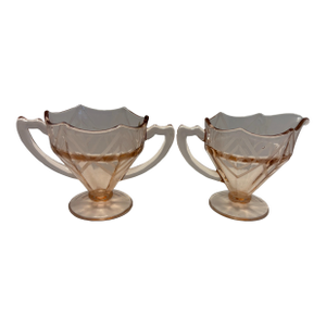 Art Deco Pink Etched Glass Cream and Sugar Set, Cambridge Style, C. 1930s - a Pair