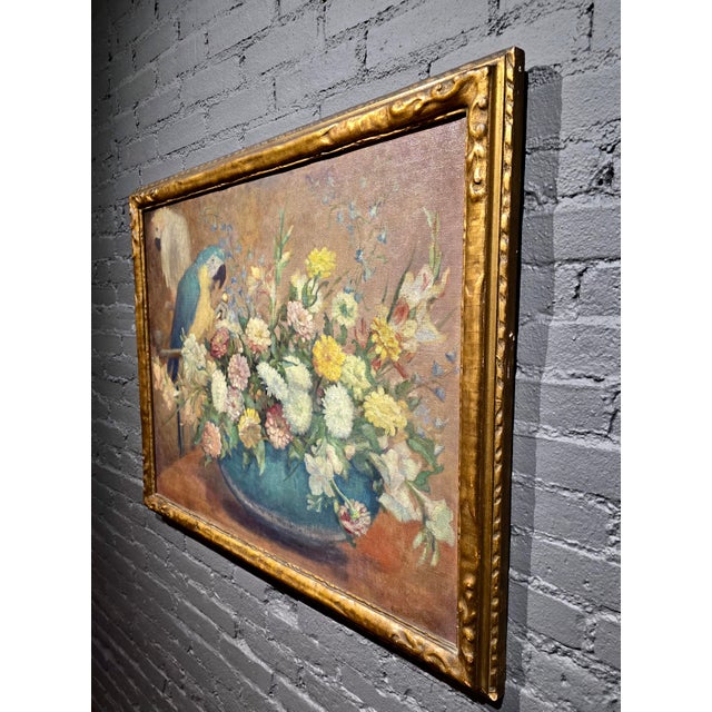 Montague Hall –Exotic Parrots and Floral Still Life – Early 20th Century Oil Painting For Sale - Image 9 of 12