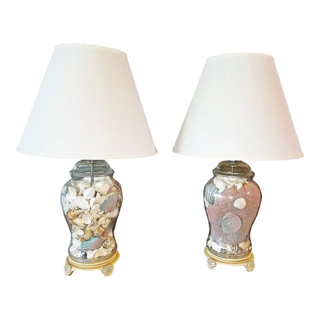 1980s Shell Filled Glass Table Lamps - A Pair For Sale