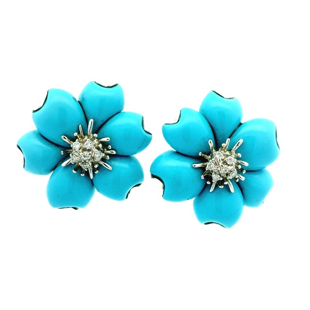 Circa 1980s Italian 18k White Gold Persian Turquoise and Diamond Floral Earrings For Sale - Image 10 of 12