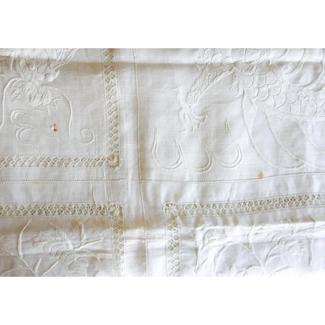 Antique Hand Embroidered Dragon Birds White Organza Tablecloth For Sale - Image 10 of 12