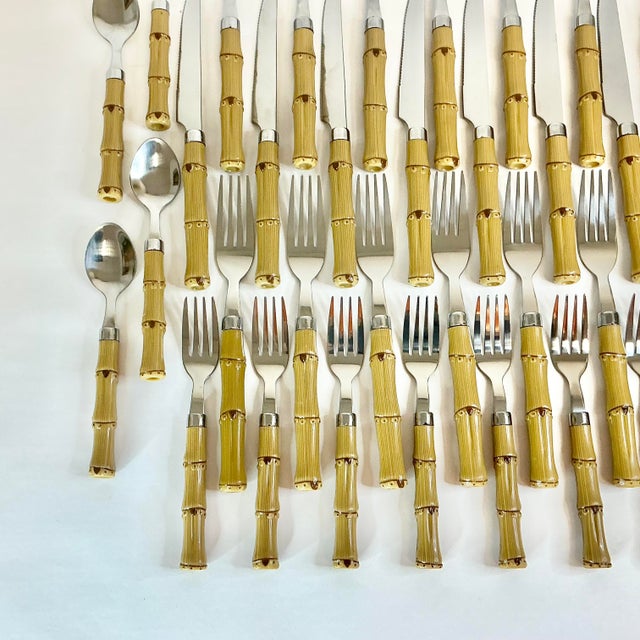 Vintage Coastal Boho Chic Chinoiserie Faux Bamboo & 18/8 Stainless Flatware Set- 49 Pieces. For Sale - Image 9 of 12