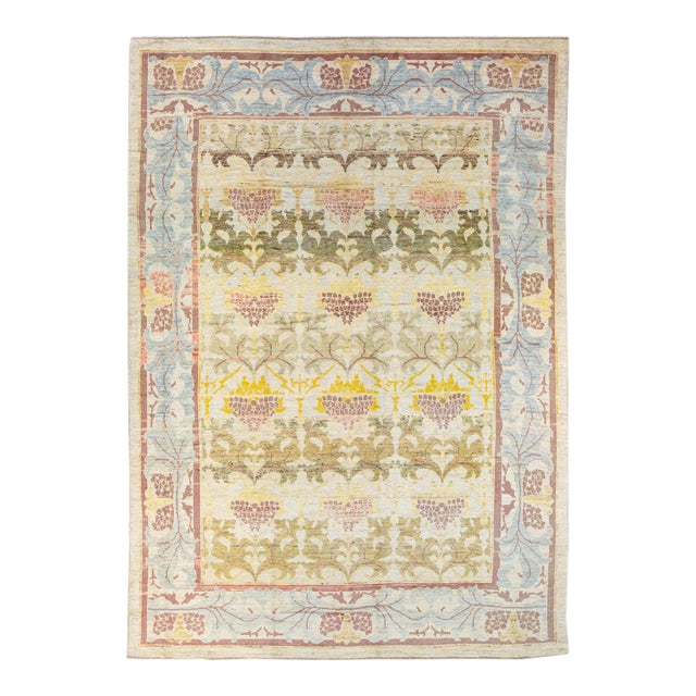 Modern Oushak Handmade Multicolor Vine Scroll Motif Wool Rug For Sale